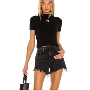 Alexander Wang Bite High Rise Jean Shorts 26 Rigid Denim Cut Off Frayed Black